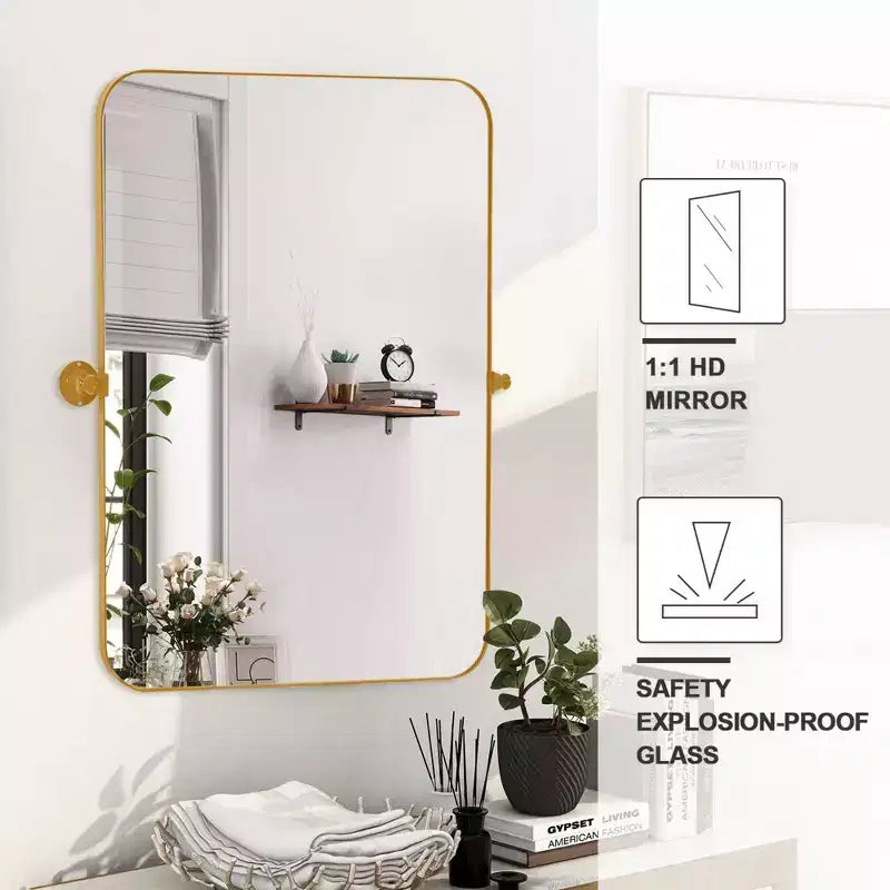 Miroir mural rectangulaire doré à bords arrondis – 36" x 24"