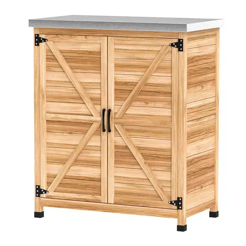 Armoire de rangement d'extérieur en bois et station de préparation avec plateau en métal et portes doubles