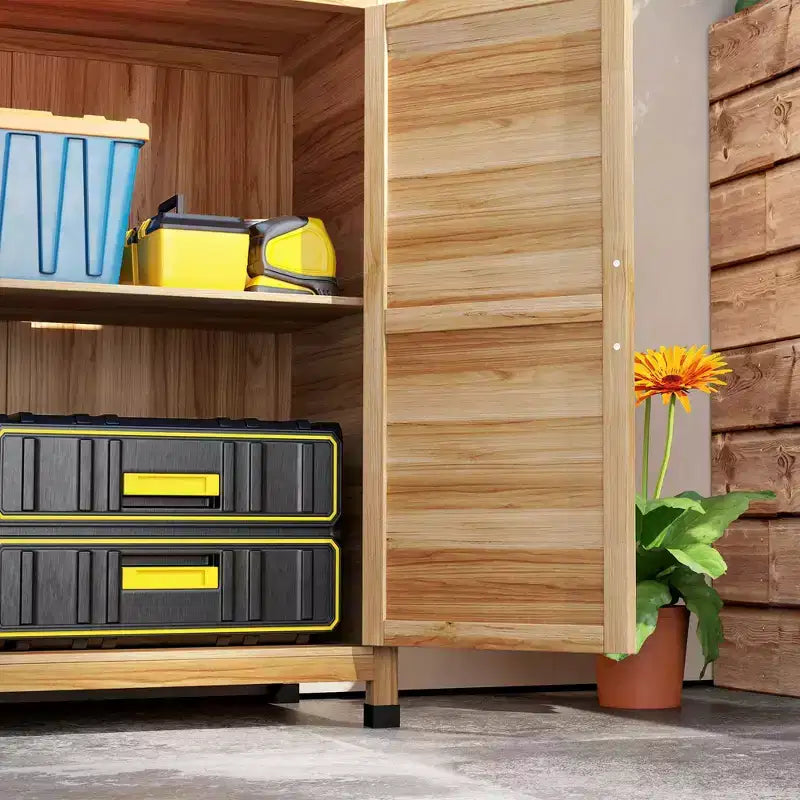 Armoire de rangement d'extérieur en bois et station de préparation avec plateau en métal et portes doubles