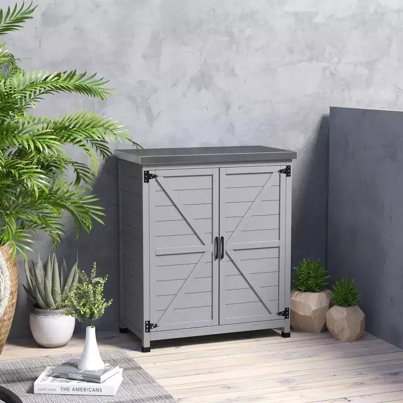 Armoire de rangement d'extérieur en bois et station de préparation avec plateau en métal et portes doubles