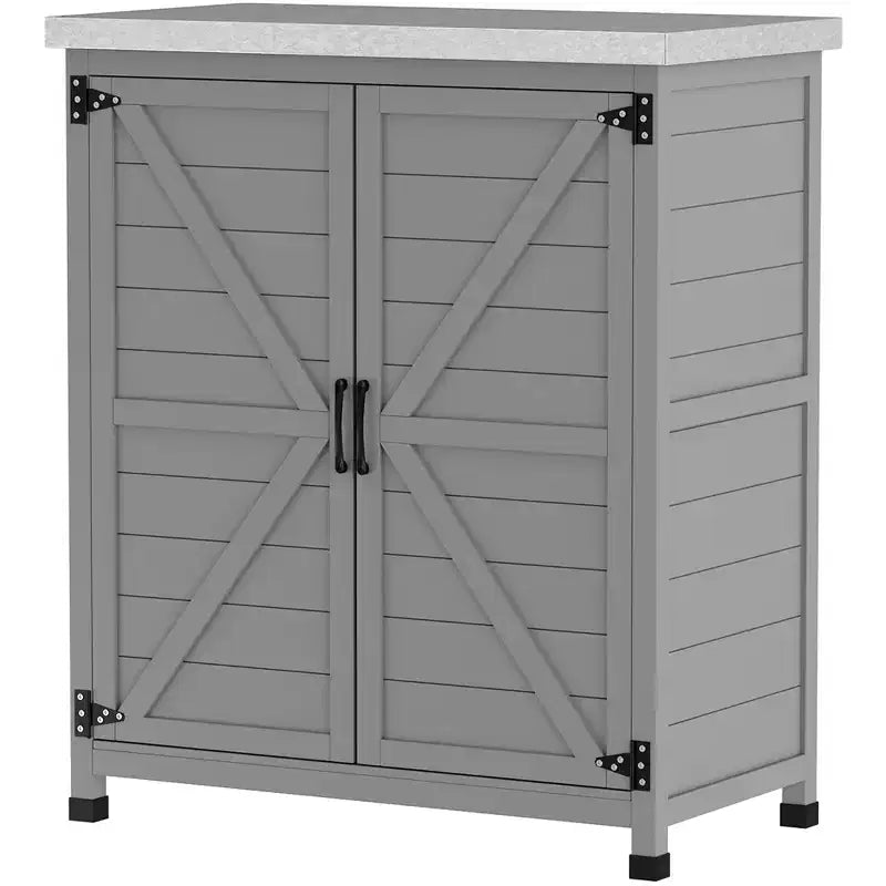 Armoire de rangement d'extérieur en bois et station de préparation avec plateau en métal et portes doubles