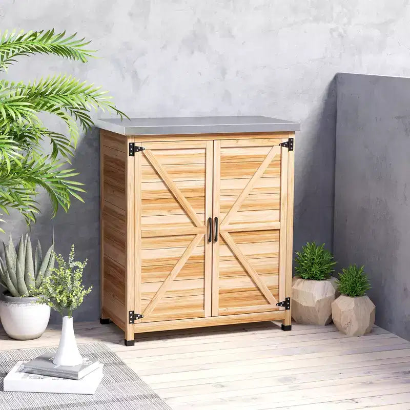 Armoire de rangement d'extérieur en bois et station de préparation avec plateau en métal et portes doubles