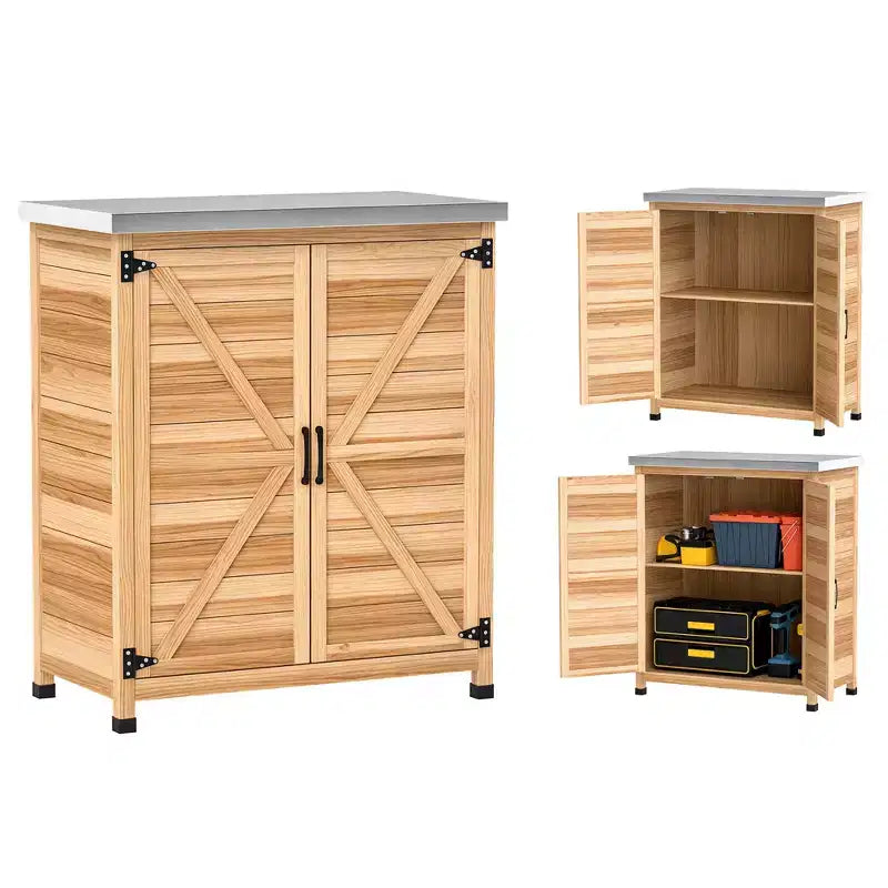 Armoire de rangement d'extérieur en bois et station de préparation avec plateau en métal et portes doubles
