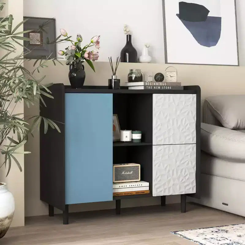 Bahut noir moderne avec portes rouges – 2 tiroirs et 2 compartiments ouverts