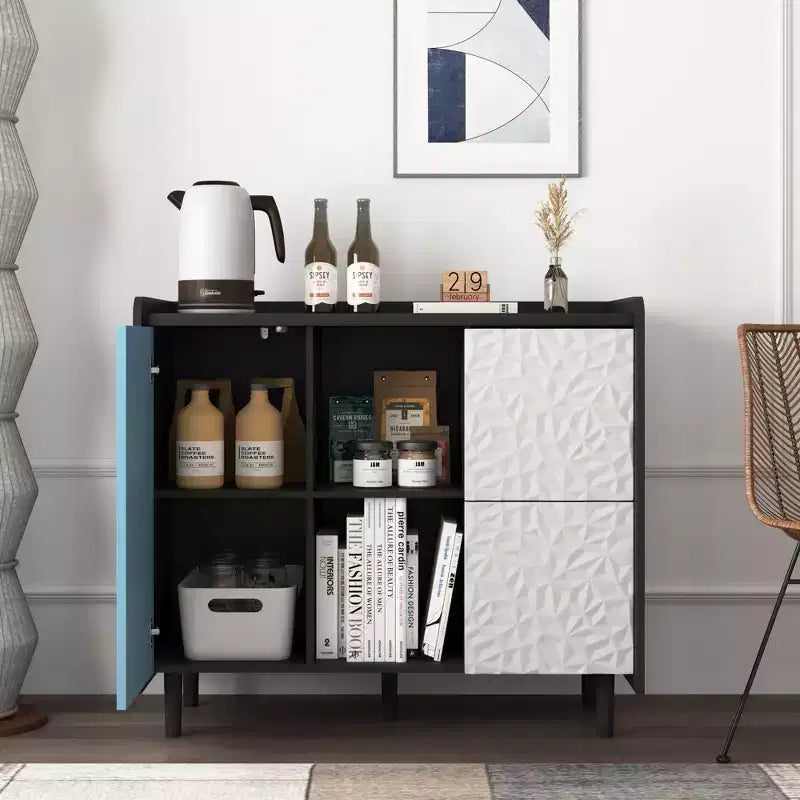 Bahut noir moderne avec portes rouges – 2 tiroirs et 2 compartiments ouverts