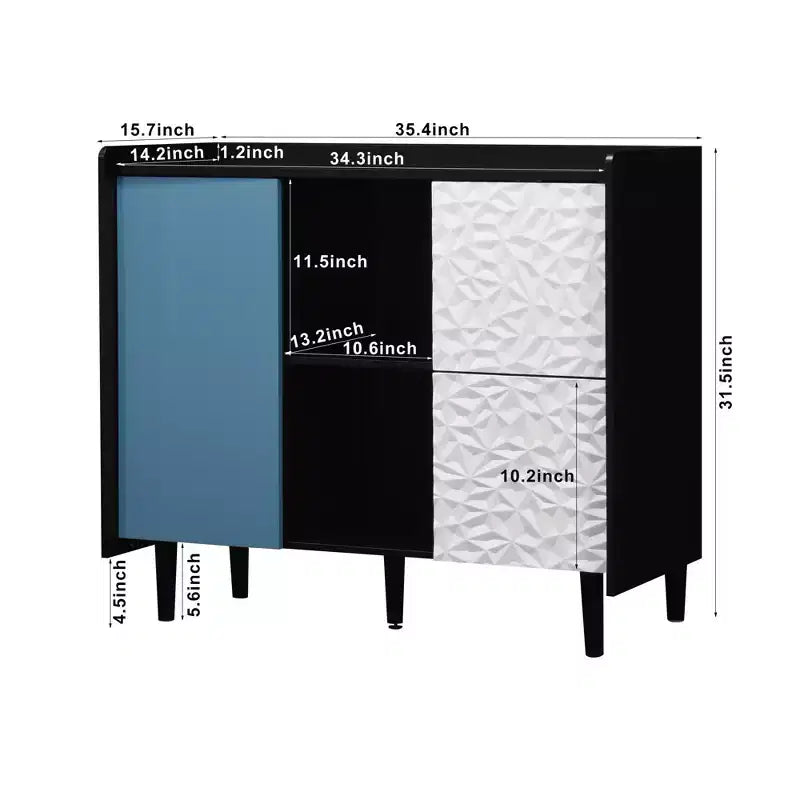 Bahut noir moderne avec portes rouges – 2 tiroirs et 2 compartiments ouverts