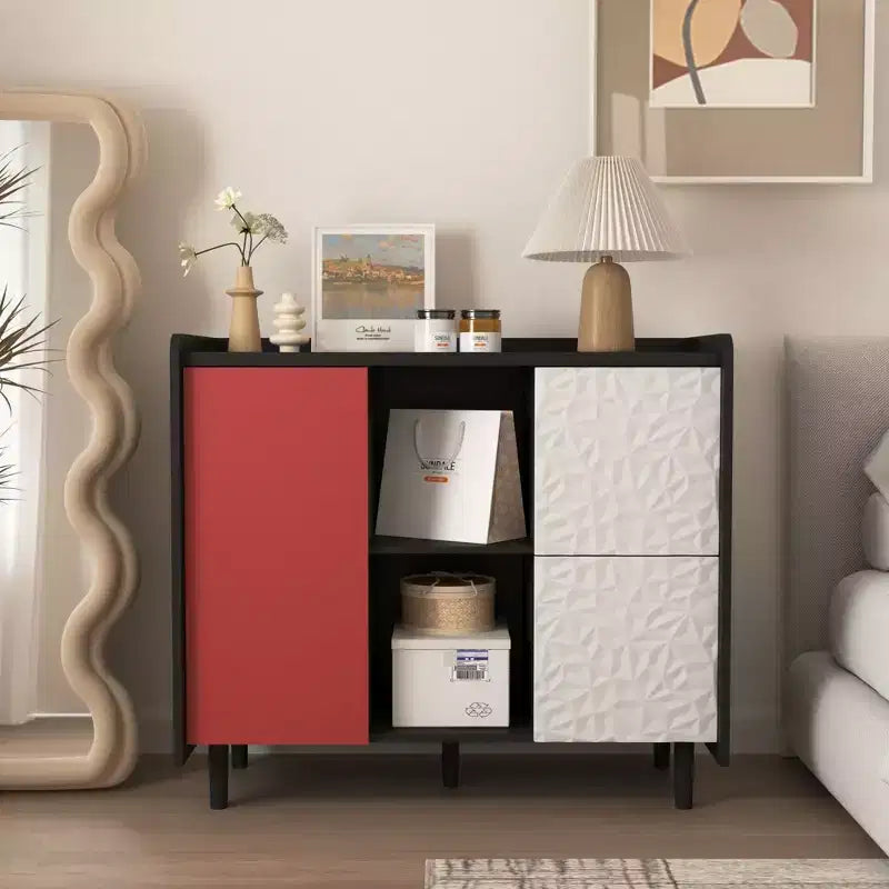 Bahut noir moderne avec portes rouges – 2 tiroirs et 2 compartiments ouverts