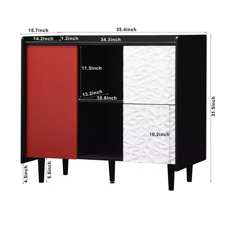 Bahut noir moderne avec portes rouges – 2 tiroirs et 2 compartiments ouverts