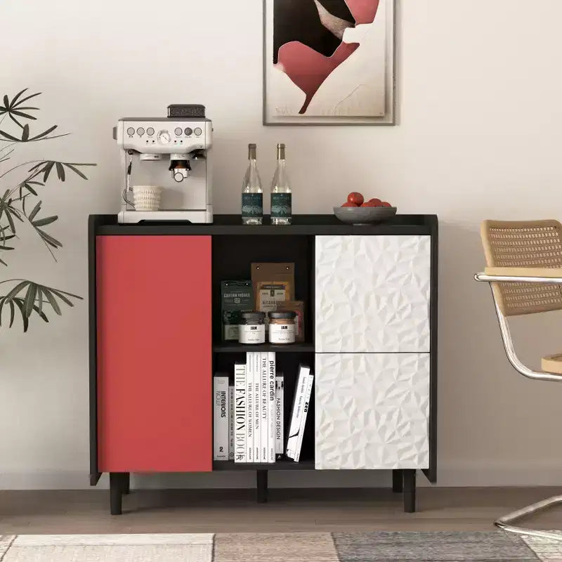 Bahut noir moderne avec portes rouges – 2 tiroirs et 2 compartiments ouverts