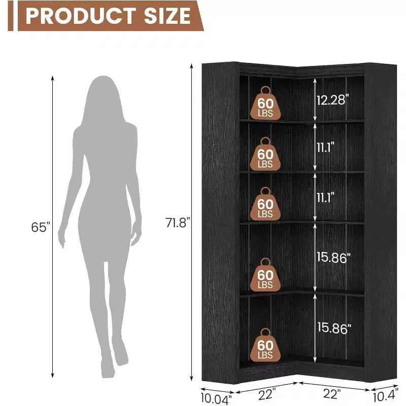 Bibliothèque d'angle de style fermette à 5 niveaux de 182,4 cm avec kit anti-basculement