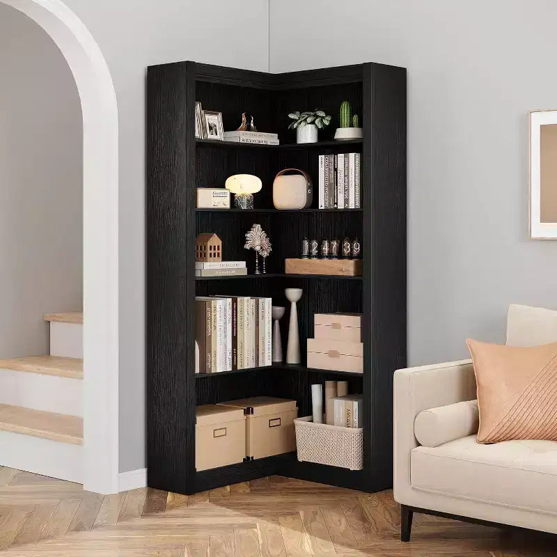 Bibliothèque d'angle de style fermette à 5 niveaux de 182,4 cm avec kit anti-basculement