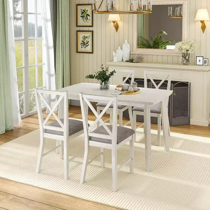 Ensemble de table à manger de style ferme VECELO, table en bois d'hévéa et chaises de salle à manger rembourrées, gris