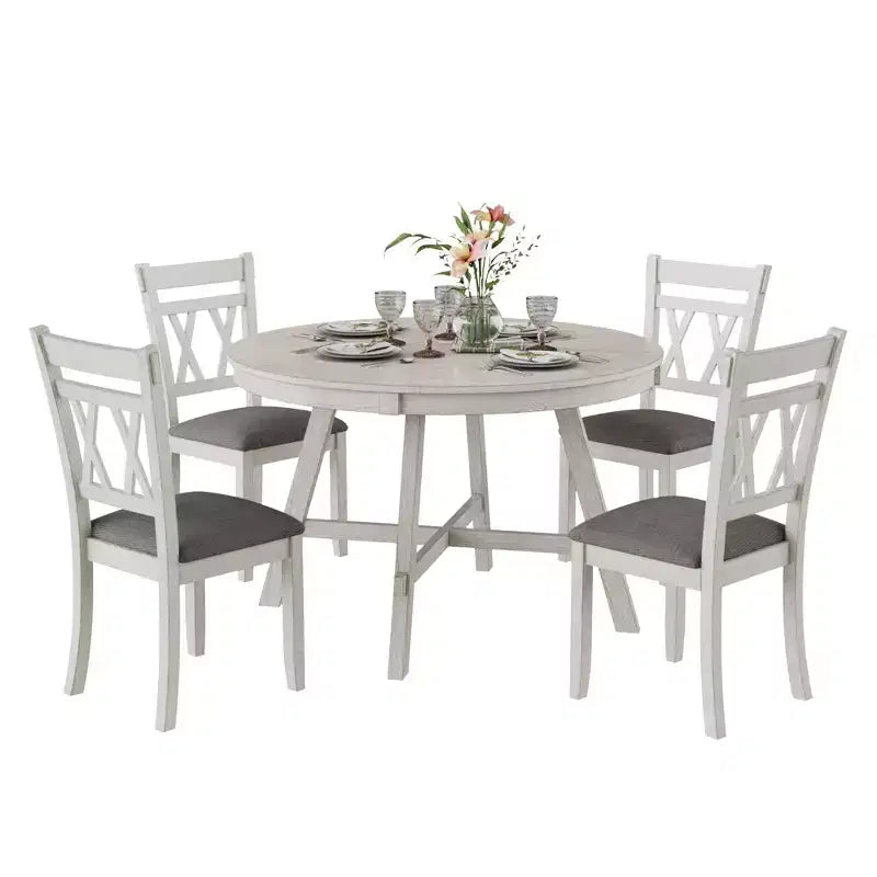 Ensemble de table à manger rustique VECELO, table ronde en bois d'hévéa et chaises de salle à manger rembourrées pour cuisine, gris