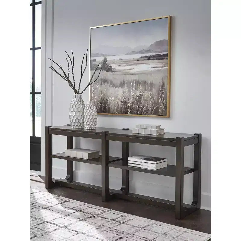 Table console moderne avec étagères réglables – Brun foncé, 65 po de large