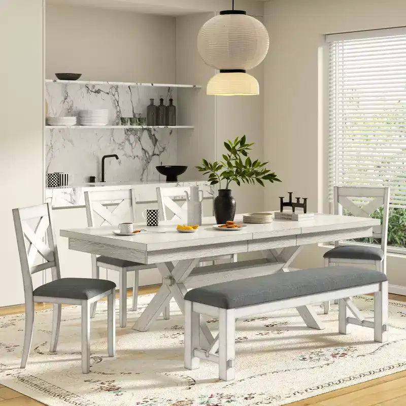 Ensemble de salle à manger extensible VECELO rustique 6 pièces, table en bois d'hévéa avec 4 chaises de salle à manger rembourrées sans accoudoirs et banc pour cuisine, gris