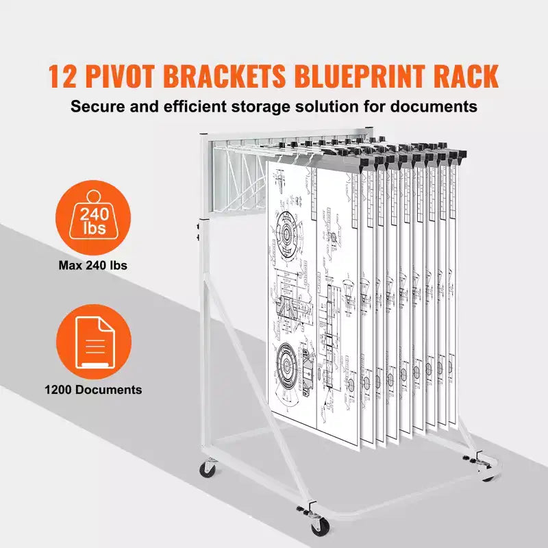 Présentoir mobile pour plans avec 12 supports pivotants – Hauteur et largeur réglables