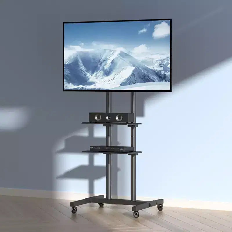 Meuble TV mobile à roulettes et double plateau, réglable en hauteur – Convient aux téléviseurs de 32" à 70"