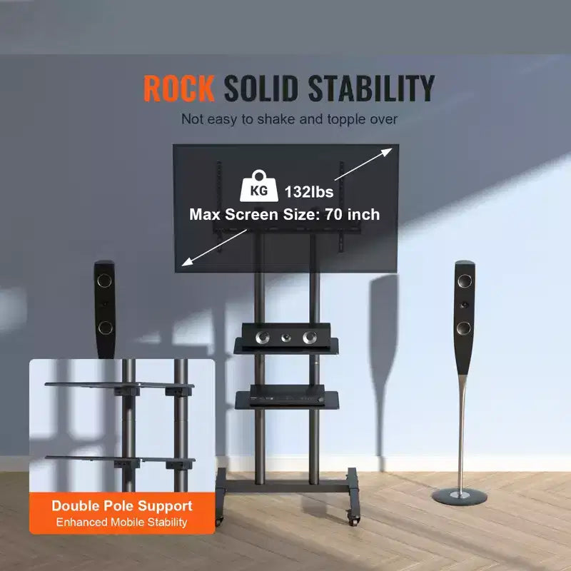 Meuble TV mobile à roulettes et double plateau, réglable en hauteur – Convient aux téléviseurs de 32" à 70"