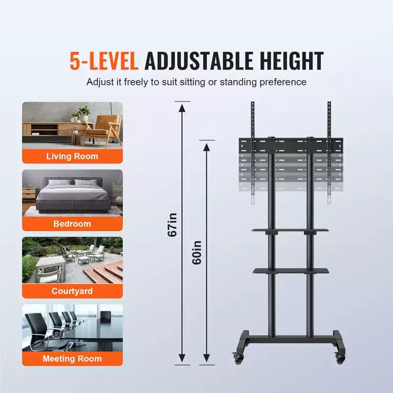 Meuble TV mobile à roulettes et double plateau, réglable en hauteur – Convient aux téléviseurs de 32" à 70"