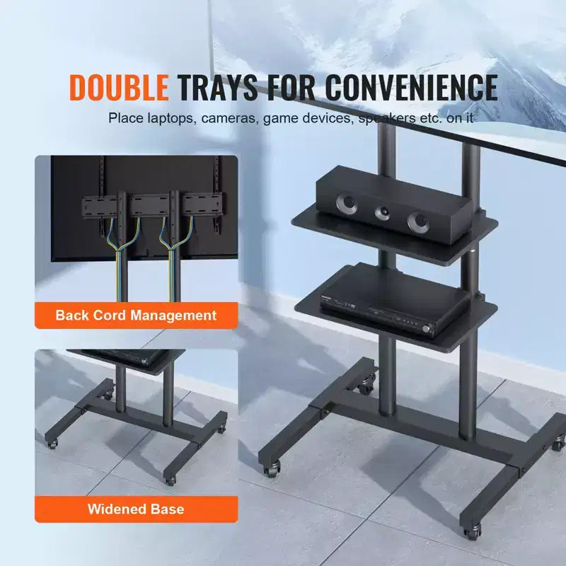 Meuble TV mobile à roulettes et double plateau, réglable en hauteur – Convient aux téléviseurs de 32" à 70"