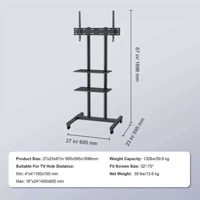 Meuble TV mobile à roulettes et double plateau, réglable en hauteur – Convient aux téléviseurs de 32" à 70"