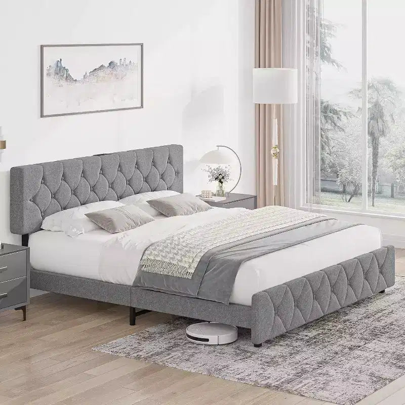 Lit plateforme rembourré pleine grandeur avec tête de lit réglable et ports USB – Gris clair