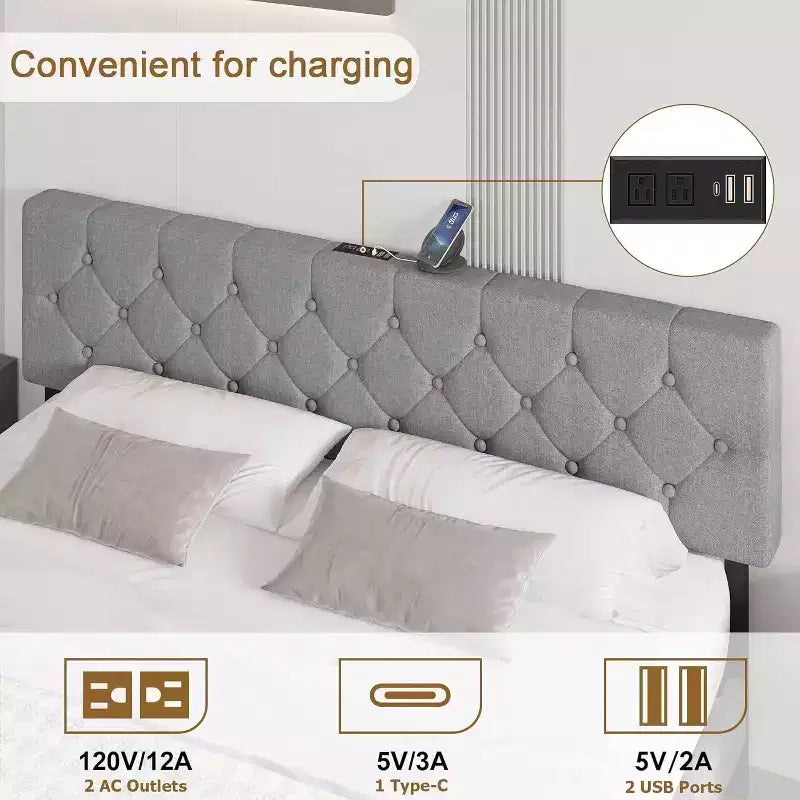 Lit plateforme rembourré pleine grandeur avec tête de lit réglable et ports USB – Gris clair