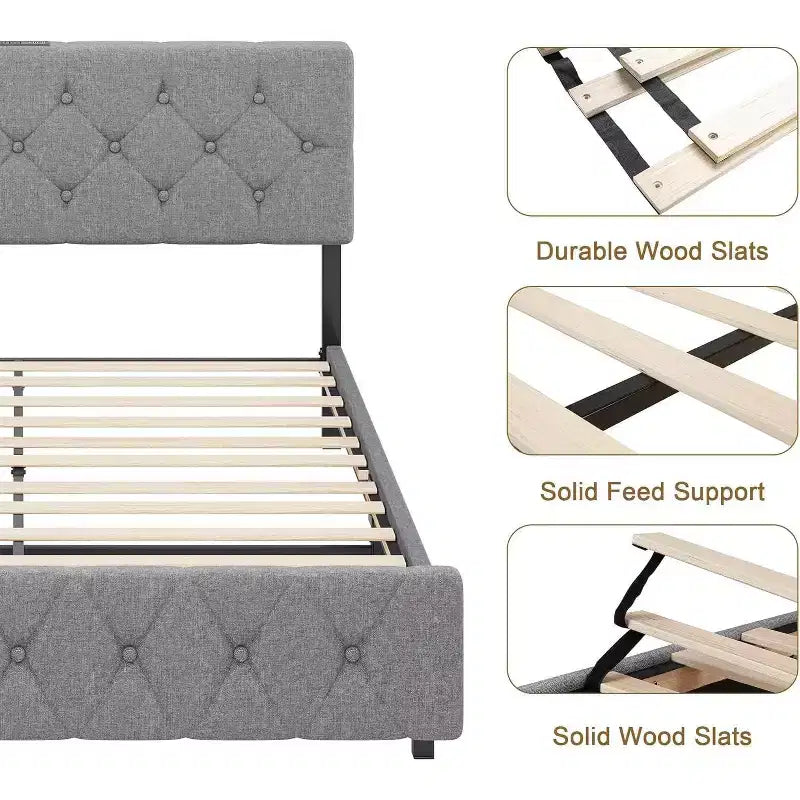 Lit plateforme rembourré pleine grandeur avec tête de lit réglable et ports USB – Gris clair