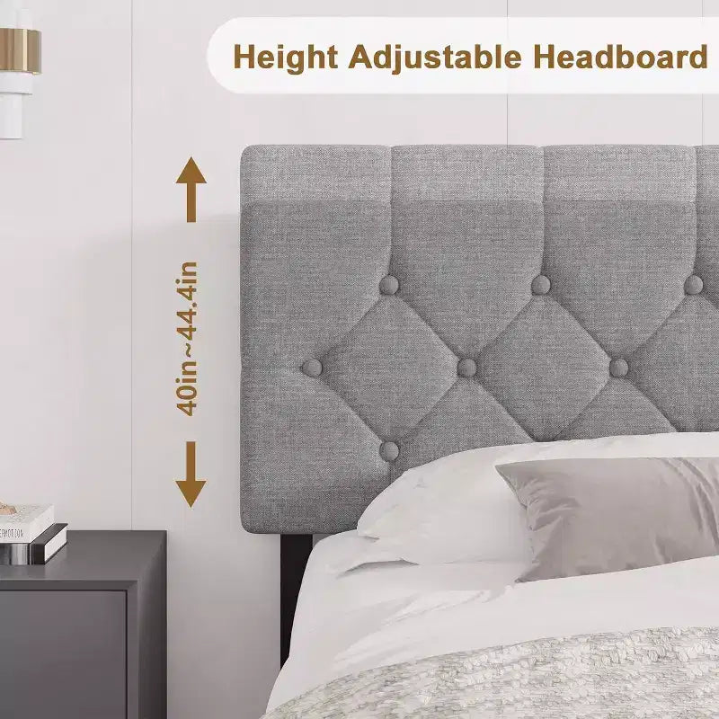 Lit plateforme rembourré pleine grandeur avec tête de lit réglable et ports USB – Gris clair