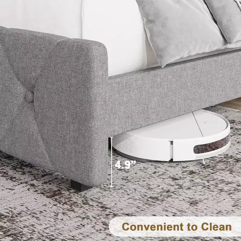 Lit plateforme rembourré pleine grandeur avec tête de lit réglable et ports USB – Gris clair