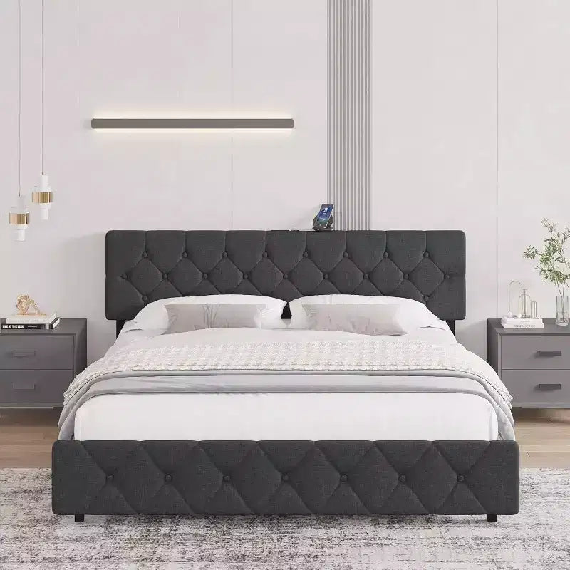 Lit plateforme rembourré pleine grandeur avec tête de lit réglable et ports USB – Gris clair