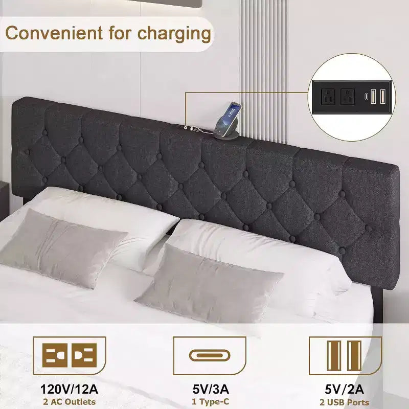 Lit plateforme rembourré pleine grandeur avec tête de lit réglable et ports USB – Gris clair