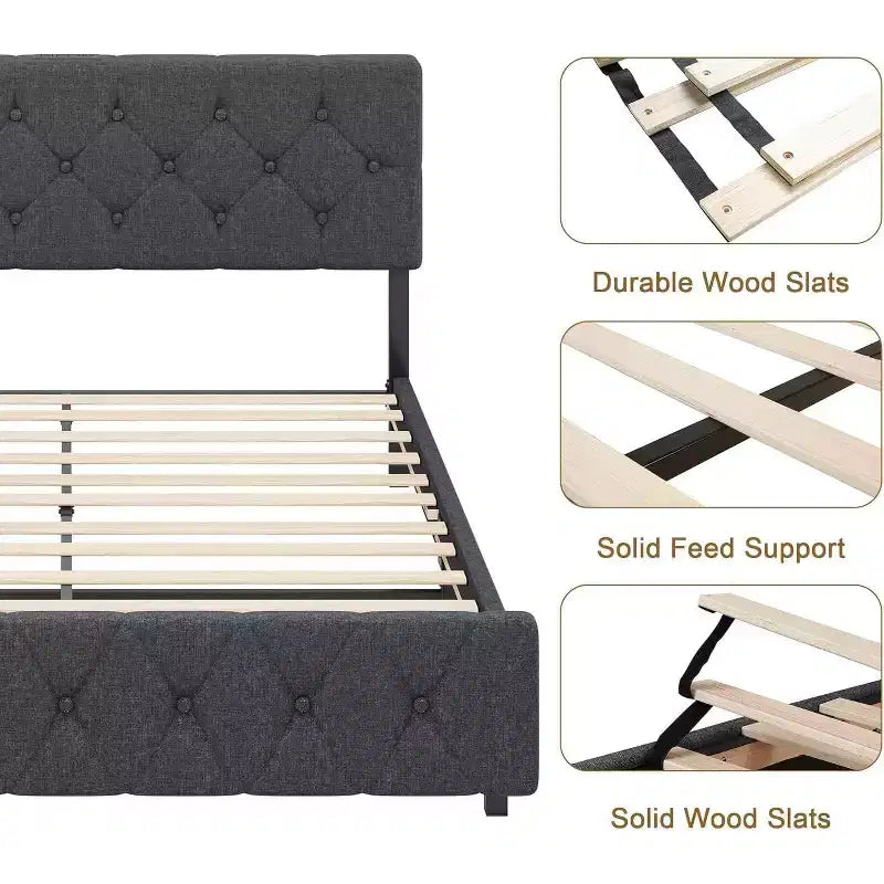 Lit plateforme rembourré pleine grandeur avec tête de lit réglable et ports USB – Gris clair