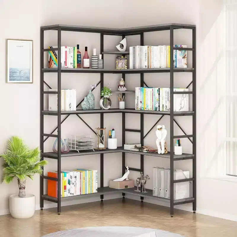 Bibliothèque d'angle en L industrielle à 5 niveaux avec cadre en métal