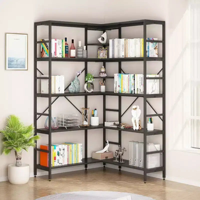 Bibliothèque d'angle en L industrielle à 5 niveaux avec cadre en métal