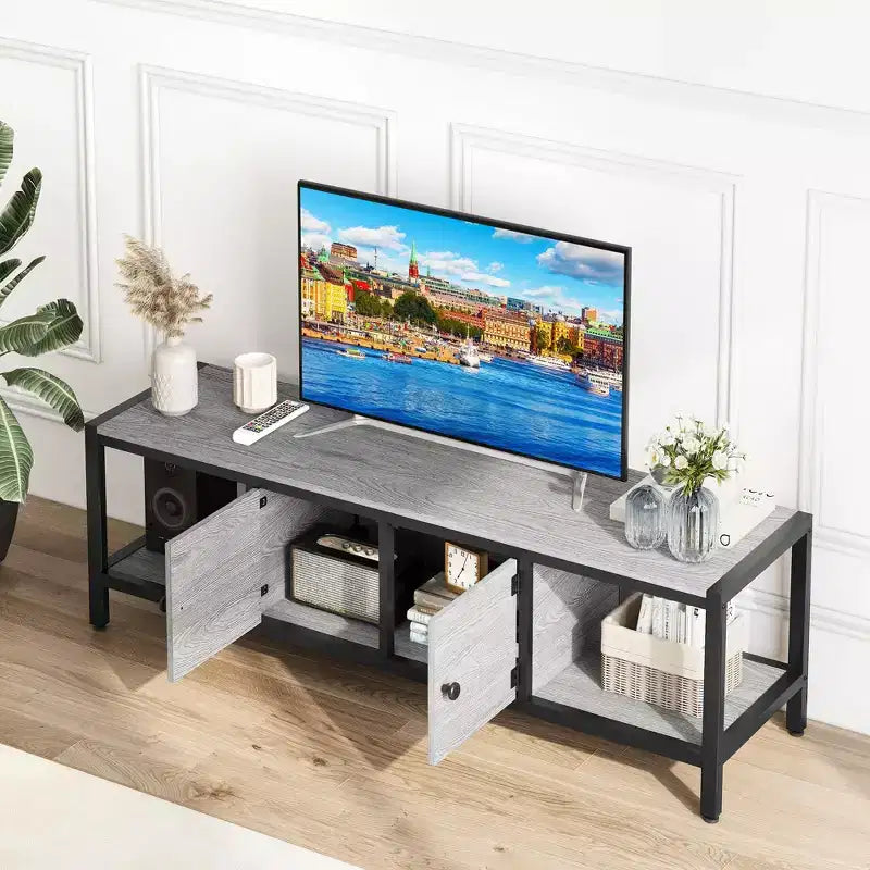 Meuble TV rustique de 65 po pour téléviseurs jusqu'à 75 po – 2 portes, étagères ouvertes et pieds réglables