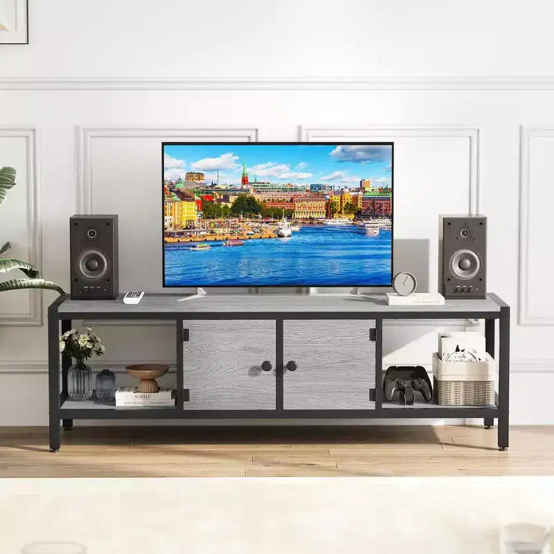 Meuble TV rustique de 65 po pour téléviseurs jusqu'à 75 po – 2 portes, étagères ouvertes et pieds réglables
