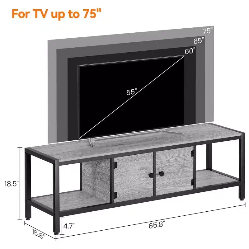 Meuble TV rustique de 65 po pour téléviseurs jusqu'à 75 po – 2 portes, étagères ouvertes et pieds réglables