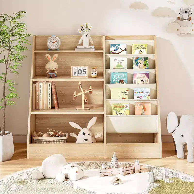 Étagère à Livres et Organisateur de Rangement de Jouets à 4 Niveaux pour Enfants avec Poches en Tissu