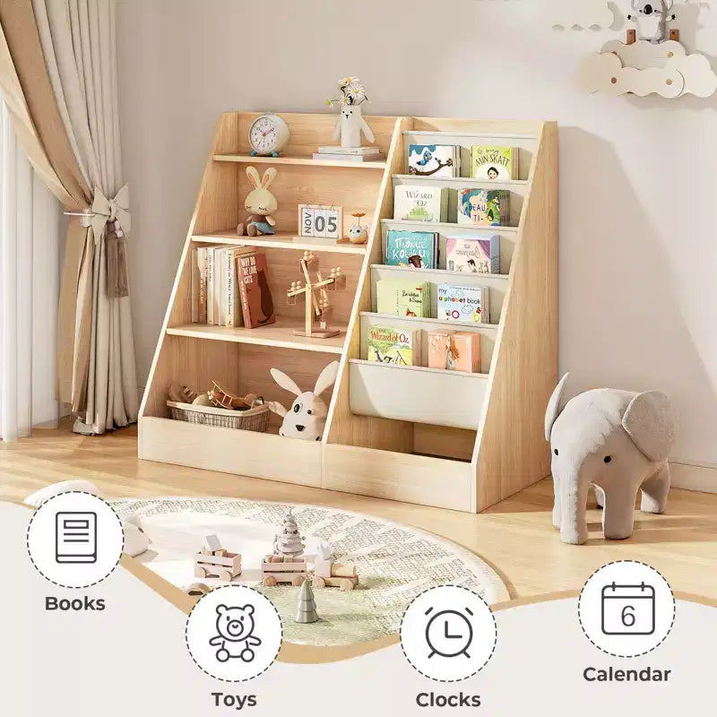 Étagère à Livres et Organisateur de Rangement de Jouets à 4 Niveaux pour Enfants avec Poches en Tissu