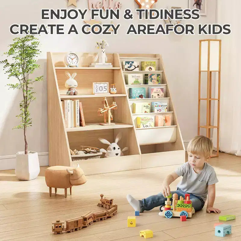 Étagère à Livres et Organisateur de Rangement de Jouets à 4 Niveaux pour Enfants avec Poches en Tissu