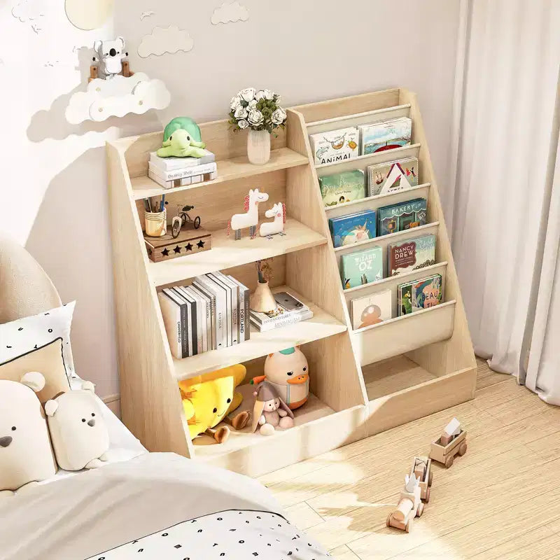 Étagère à Livres et Organisateur de Rangement de Jouets à 4 Niveaux pour Enfants avec Poches en Tissu