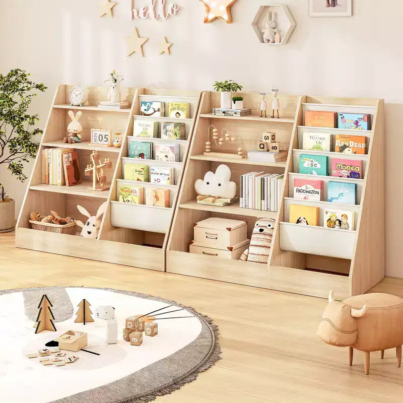 Étagère à Livres et Organisateur de Rangement de Jouets à 4 Niveaux pour Enfants avec Poches en Tissu