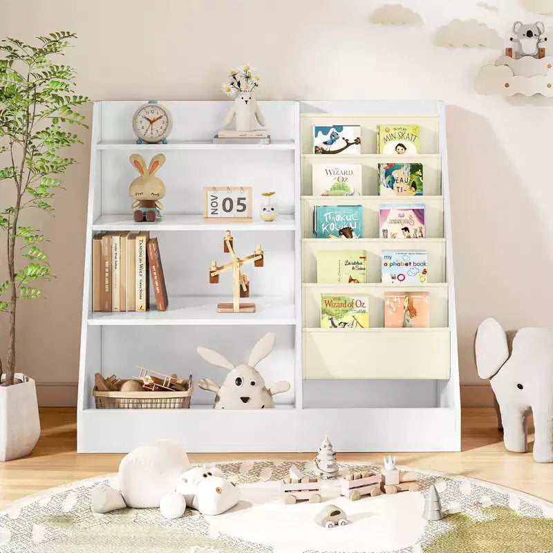 Étagère à Livres et Organisateur de Rangement de Jouets à 4 Niveaux pour Enfants avec Poches en Tissu