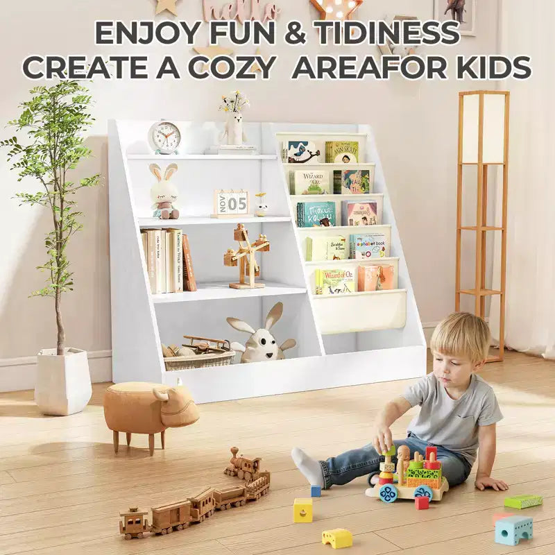 Étagère à Livres et Organisateur de Rangement de Jouets à 4 Niveaux pour Enfants avec Poches en Tissu
