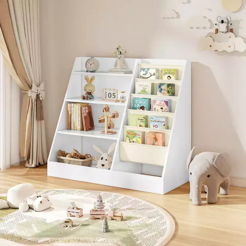 Étagère à Livres et Organisateur de Rangement de Jouets à 4 Niveaux pour Enfants avec Poches en Tissu