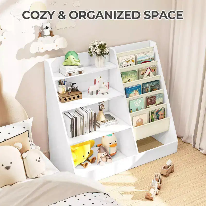 Étagère à Livres et Organisateur de Rangement de Jouets à 4 Niveaux pour Enfants avec Poches en Tissu