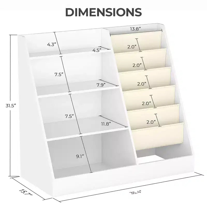 Étagère à Livres et Organisateur de Rangement de Jouets à 4 Niveaux pour Enfants avec Poches en Tissu