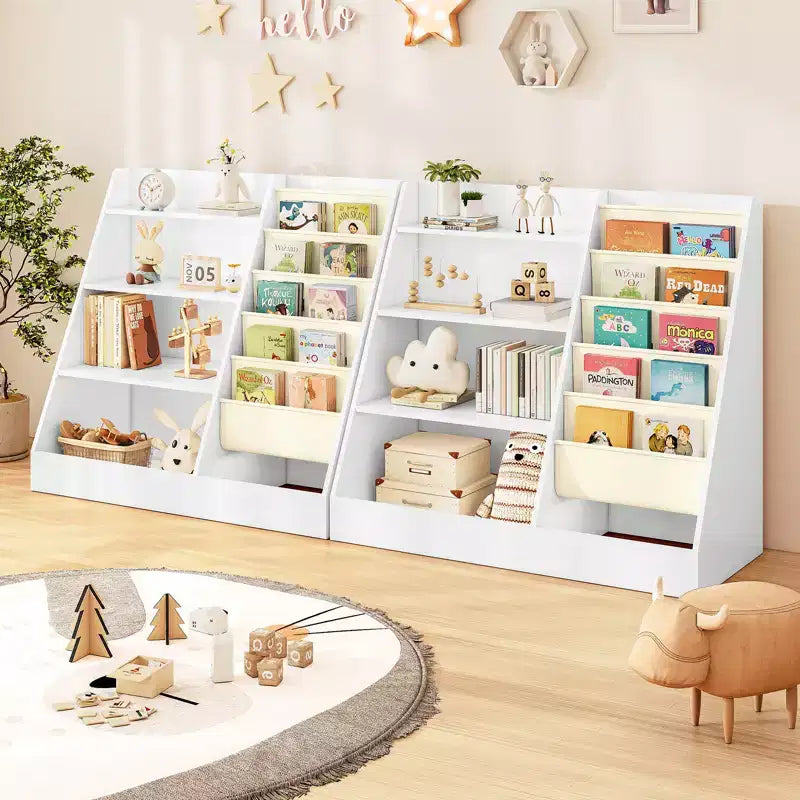Étagère à Livres et Organisateur de Rangement de Jouets à 4 Niveaux pour Enfants avec Poches en Tissu