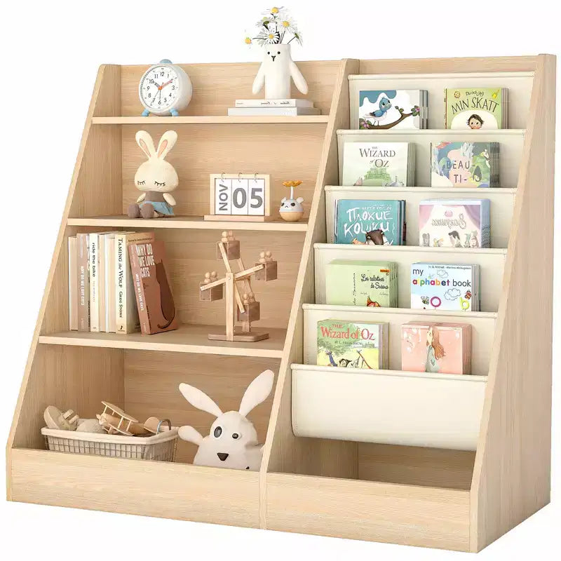 Étagère à Livres et Organisateur de Rangement de Jouets à 4 Niveaux pour Enfants avec Poches en Tissu